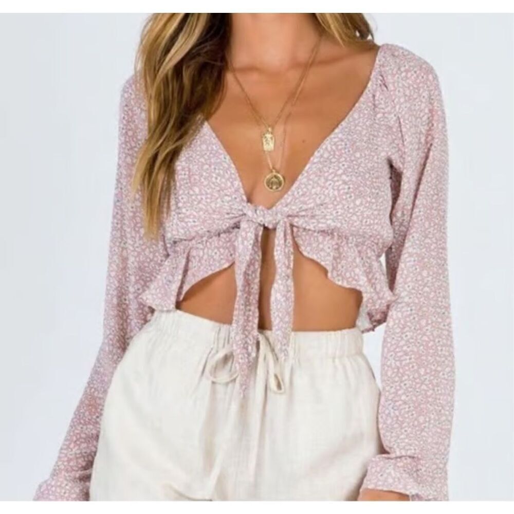 Princess Polly 6 Floral pink crop peplum front tie long sleeve top